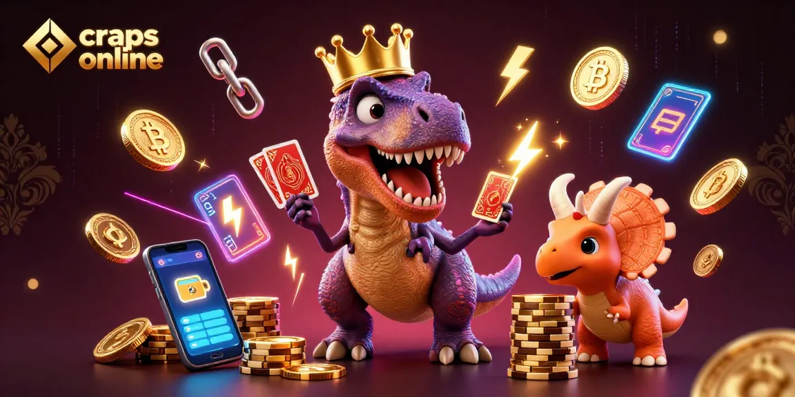 Engage in craps online with a playful T-Rex shuffling cards alongside vibrant cryptocurrency elements.
