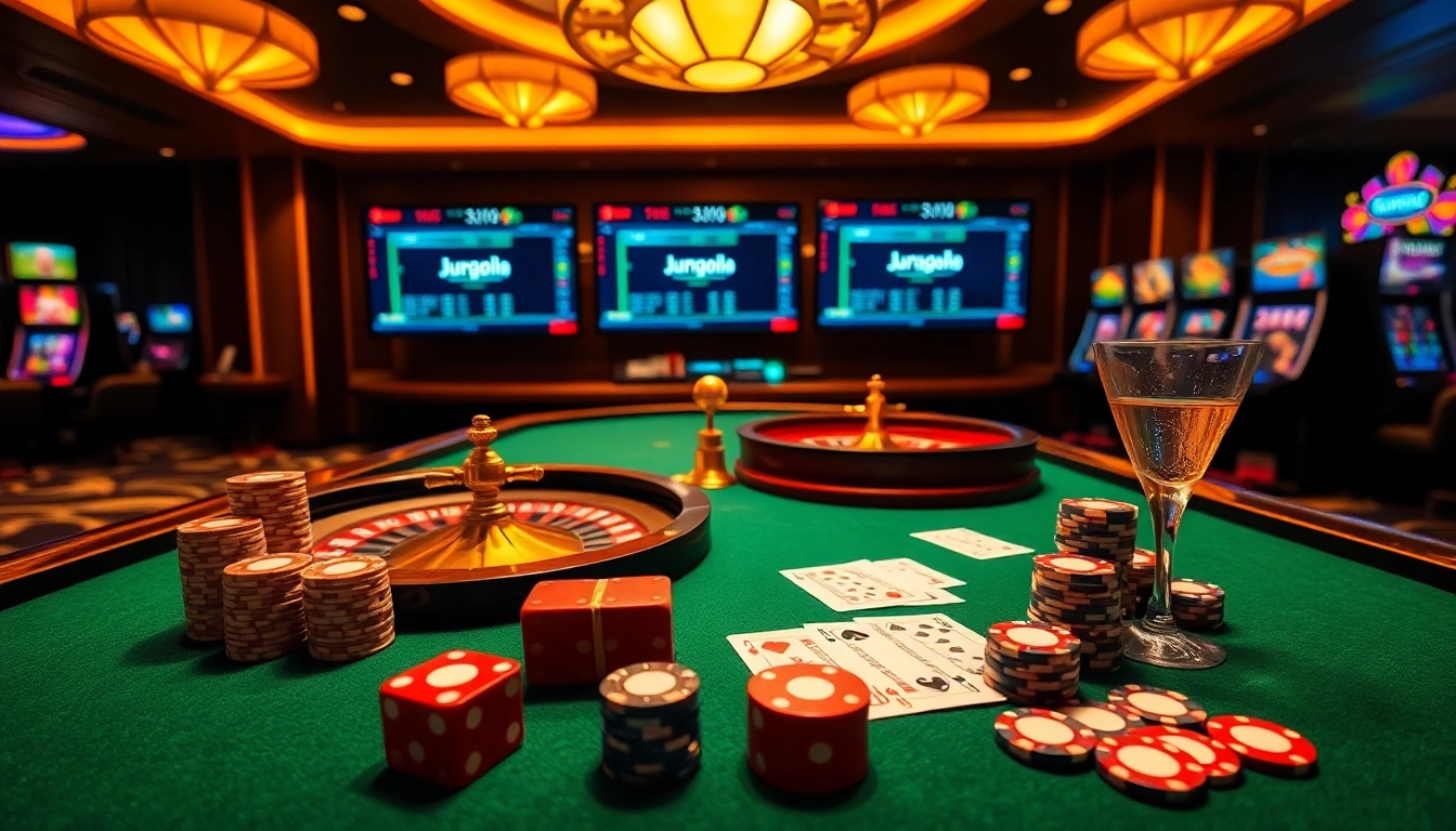 Engaging juraganbola online platform with poker chips, roulette wheels, and betting slips showcasing advanced gambling features in a luxurious casino setting