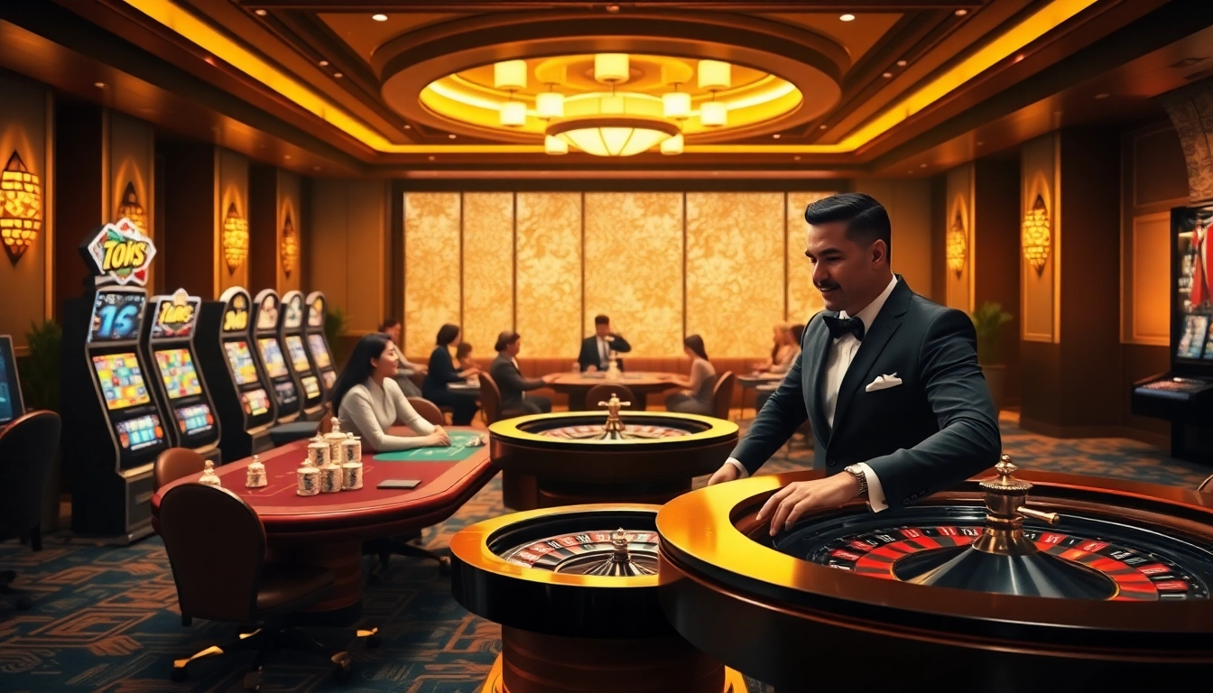 Experience the excitement of online gambling at https://thabet77.sa.com/ with luxurious casino visuals and players engaged in thrilling games.