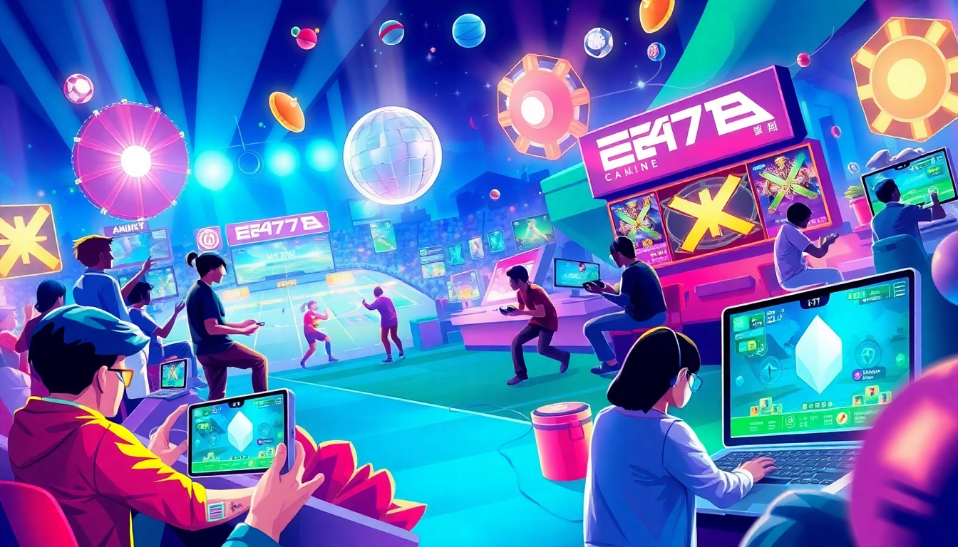 EA77 online gaming platform illustration showcasing sports betting and casino experiences.
