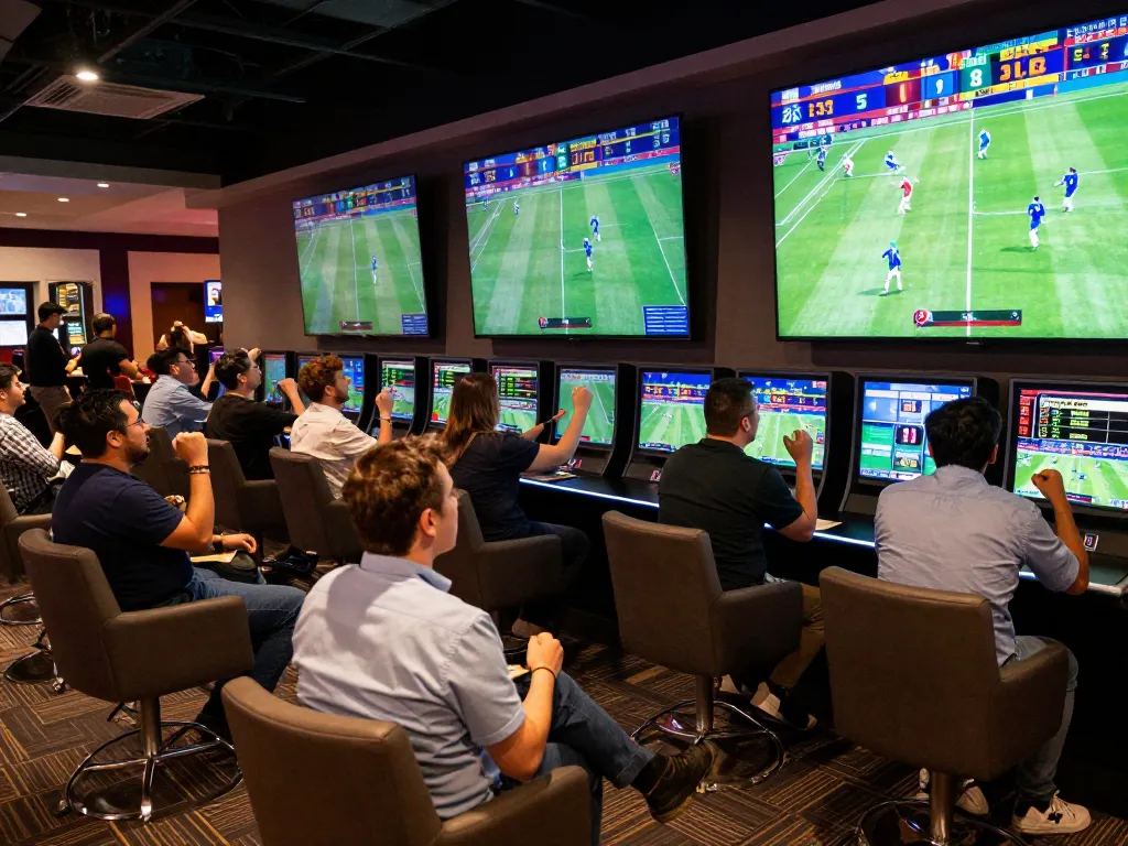 Exciting scene at a sports betting area showcasing trang cá cược bóng đá with enthusiastic bettors analyzing odds and cheering during matches