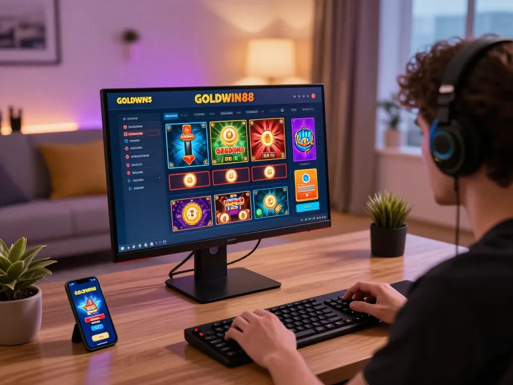 Pemain merasakan kegembiraan menggunakan kasino online GOLDWIN88 di desktop, menampilkan pengaturan permainan modern.