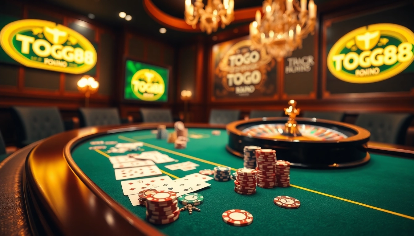 Experience the excitement of TOTOGG88's high-stakes gambling with vibrant poker chips and a roulette wheel.