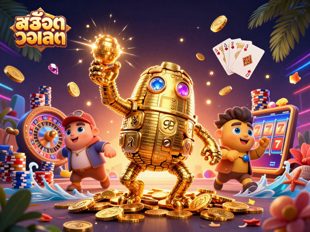Engage with สล็อตวอเลท in a vibrant 3D casino scene featuring golden golems and sparkling jackpots.