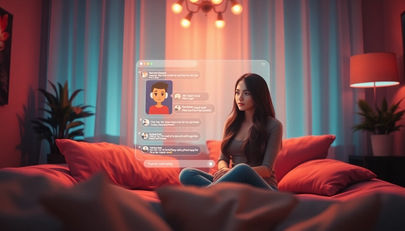 Intimate scene showcasing a sex AI chat interface with a friendly character, embodying revolutionary technology in a cozy setting.