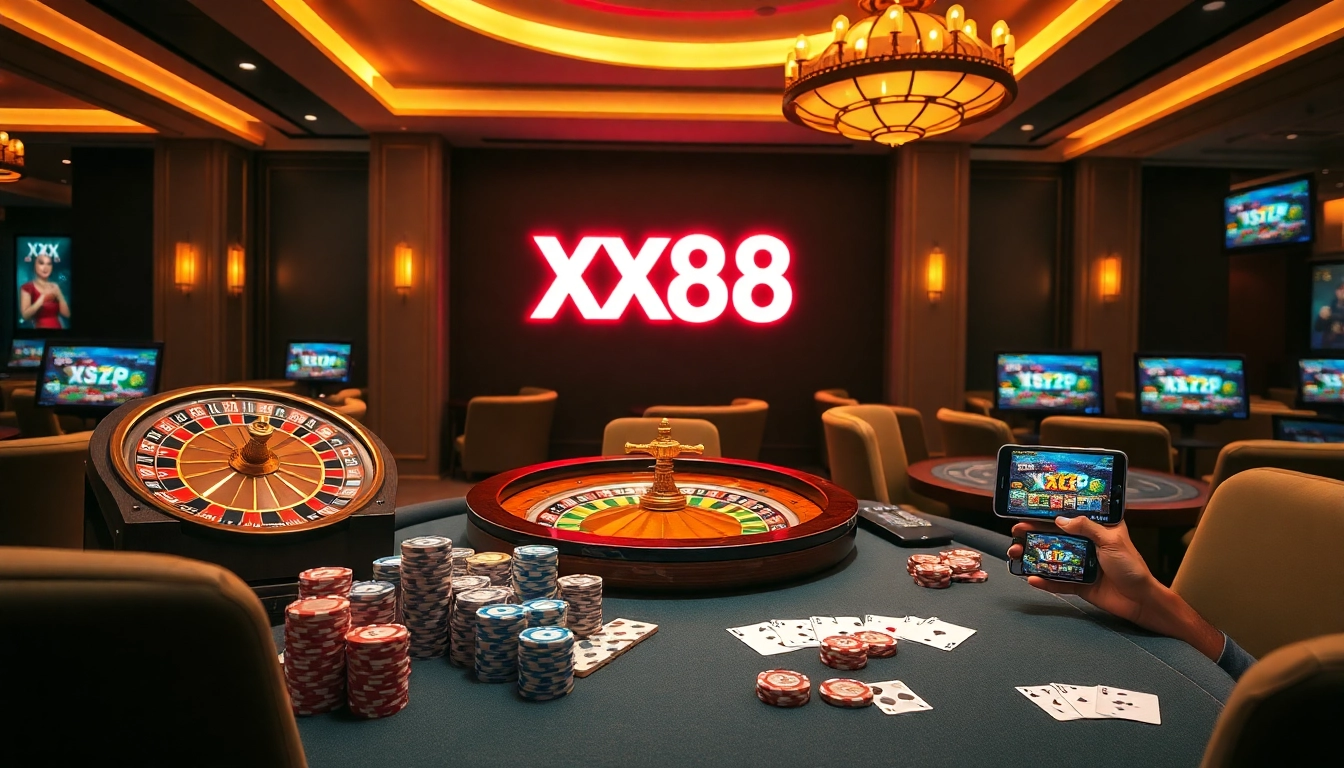 Experience the thrill at XX88 casino with vibrant poker chips and a spinning roulette wheel.