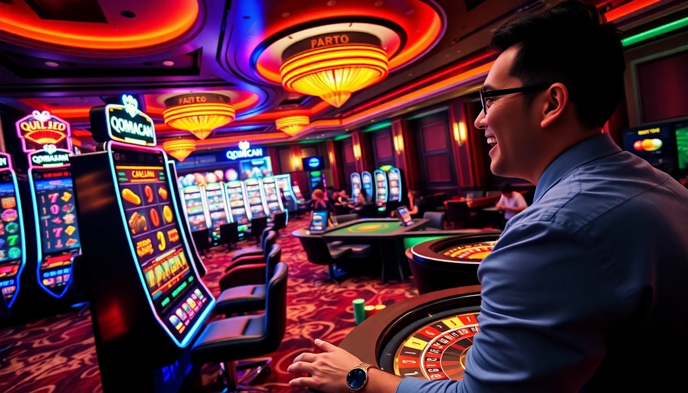 Engaged player enjoying a thrilling QQMacan slot game in a vibrant casino with glowing lights.