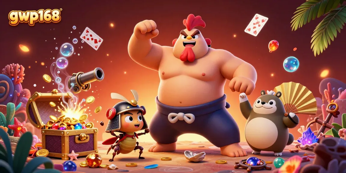 GWP168 menarik perhatian dengan ilustrasi kartun 3D yang menggambarkan karakter perjudian yang dinamis dan berwarna-warni.