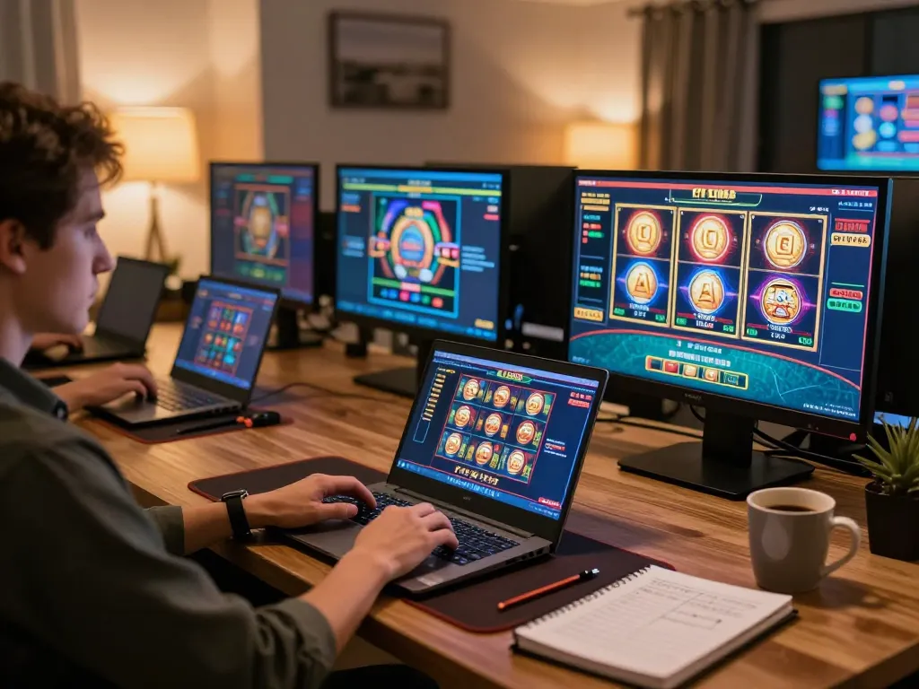 Engaged user playing qtr88 casino games on a laptop in a stylish home office.
