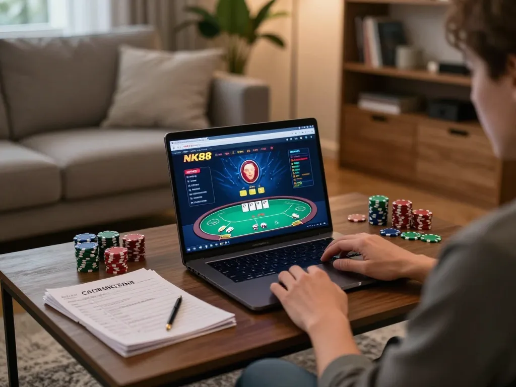 Player enjoying NK88 online poker from home, showcasing gameplay and strategy notes