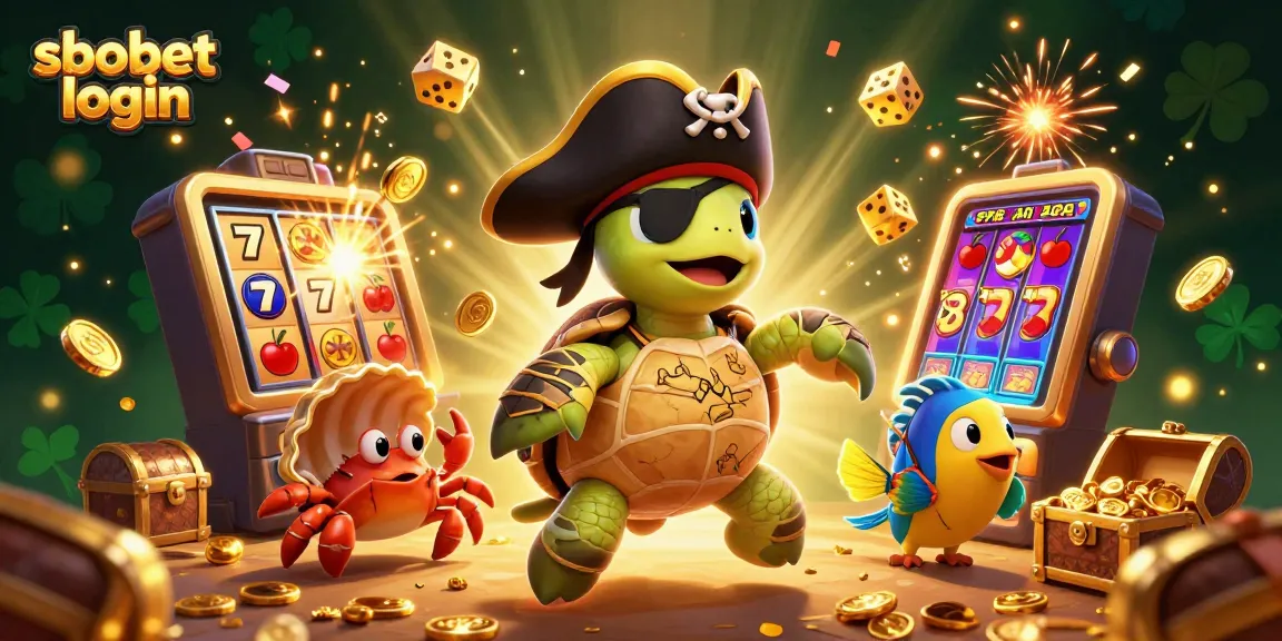 Engaging sbobet login scene featuring a pirate turtle, crab, and parrotfish surrounded by dynamic casino elements.