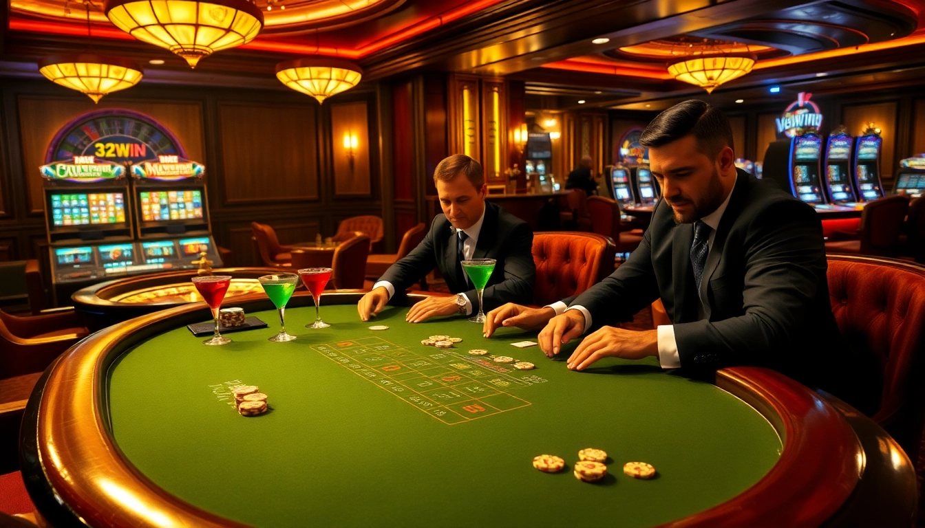 Experience the thrill of 32WIN with a lively casino scene showcasing poker tables and roulette wheels.