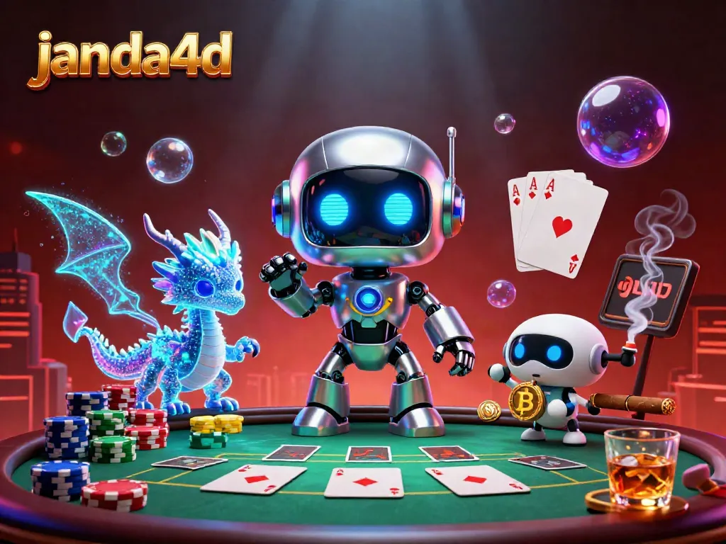 Gambarkan permainan seru di janda4d dengan karakter futuristik dan suasana kasino yang menarik.