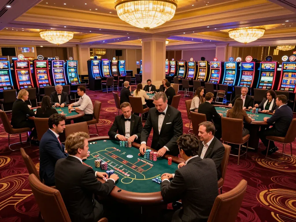Players strategizing at poker tables in a luxurious casino, capturing casino scope with engaging interactions.