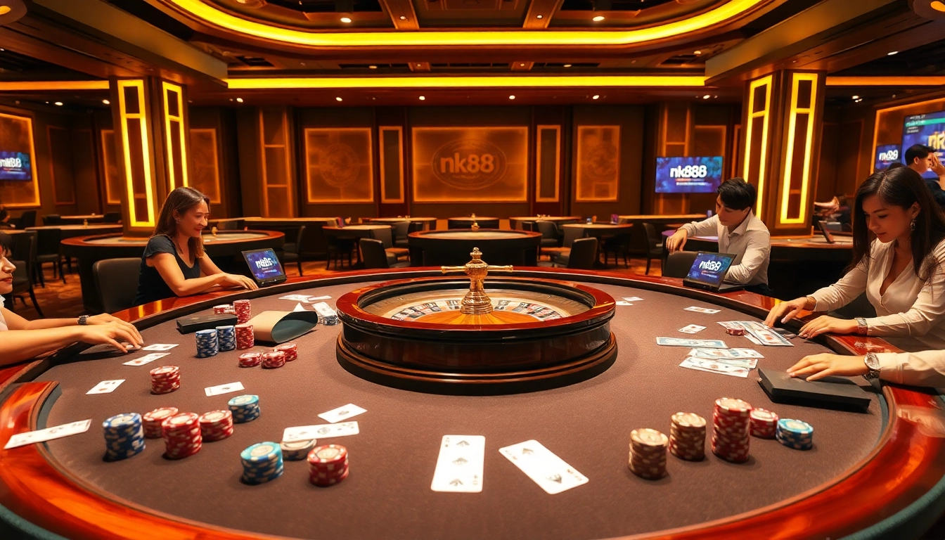 Players enjoying a thrilling moment at nk88 online casino with cards and chips.