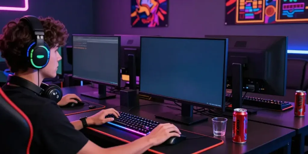 A thrilling gaming workspace showing akunjp online slot interface with vibrant LED lighting.