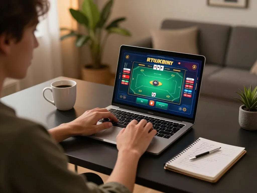 spinadvisor user engaged in an online poker game while crafting strategies at a stylish home desk