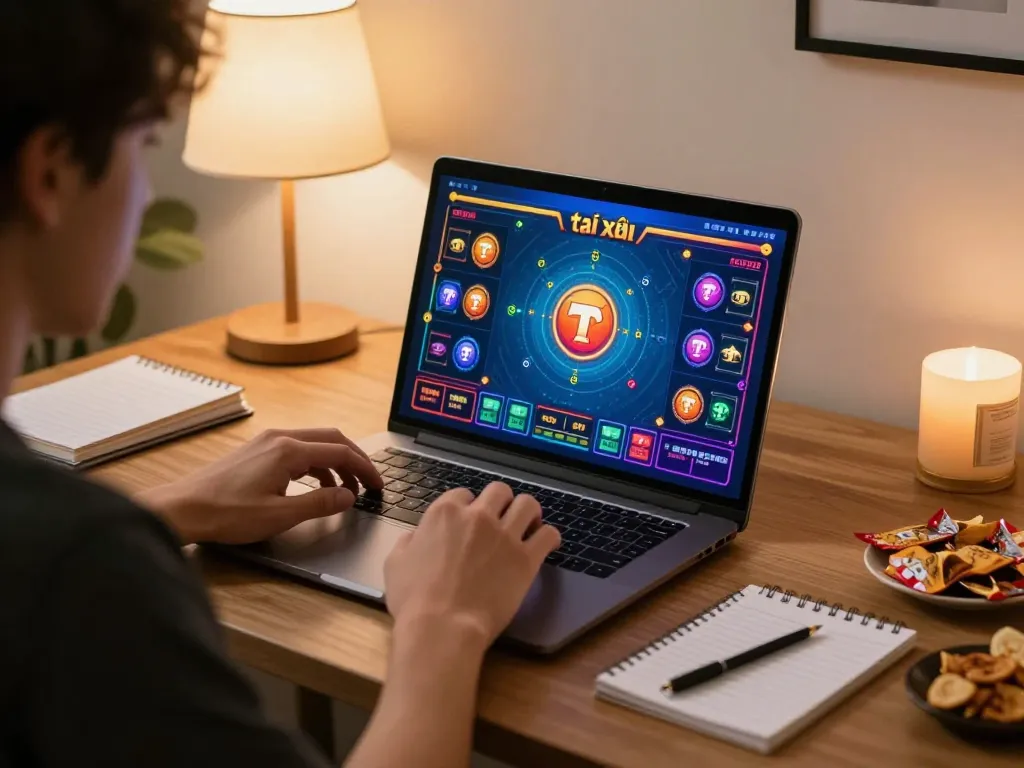 Tài xỉu online gaming experience on a laptop in a cozy home office setting with warm lighting