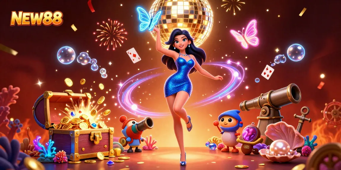 Experience the vibrant energy of NEW88 with a glamorous casino scene filled with neon lights and dynamic game elements.