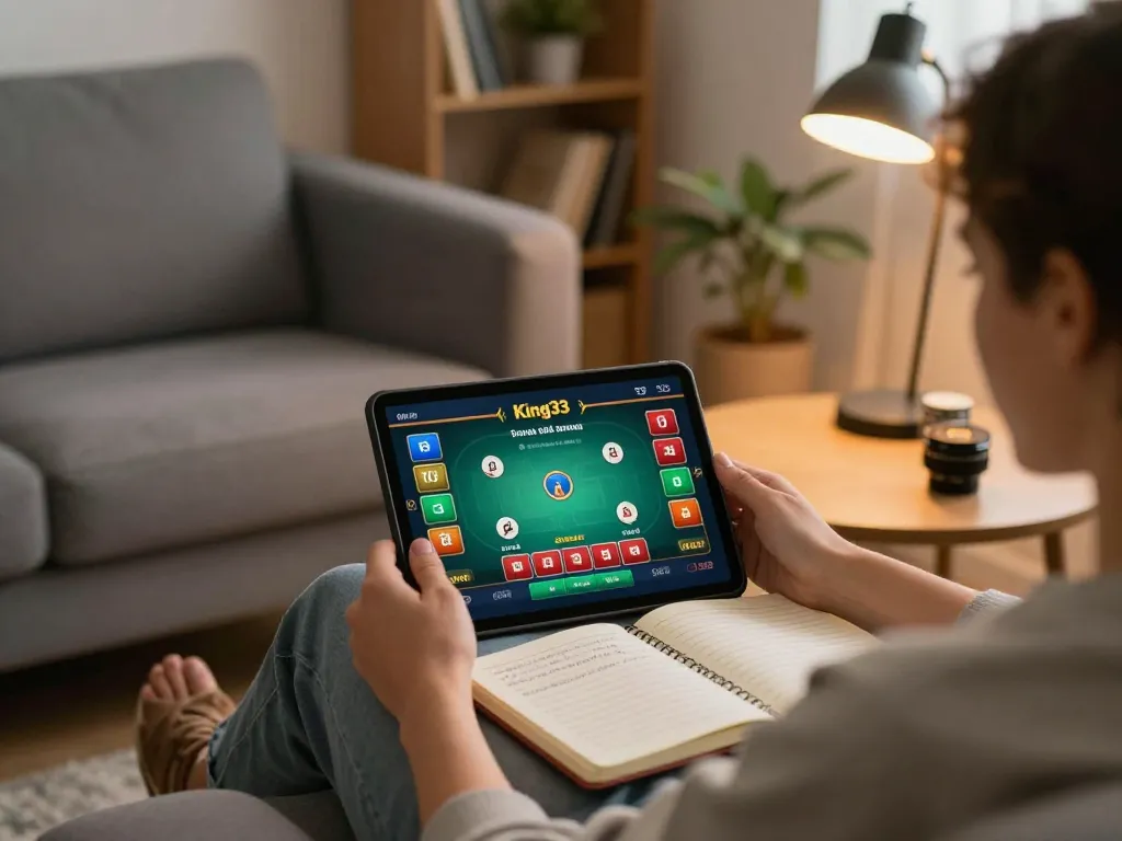 Engaging with King33 online poker game strategy on a tablet, showcasing home comfort.