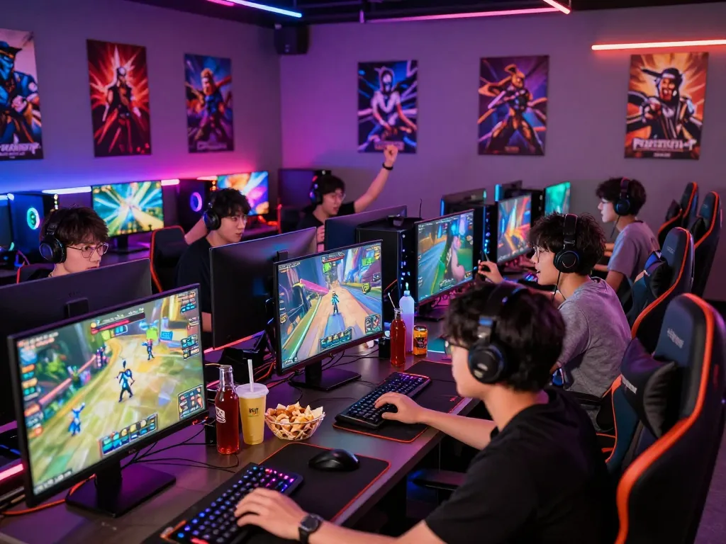 Gamers enjoying intense gameplay on Panen178 in a vibrant gaming lounge with LED lights and snacks.