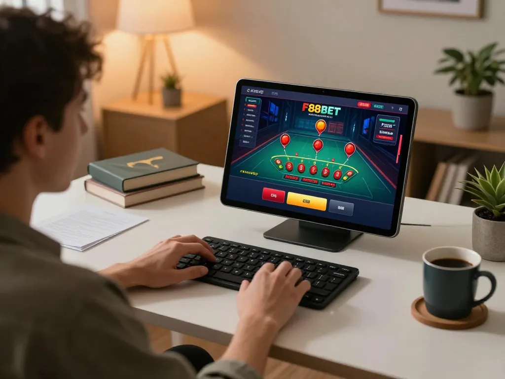 Person playing blackjack on F88BET tablet in a stylish home office