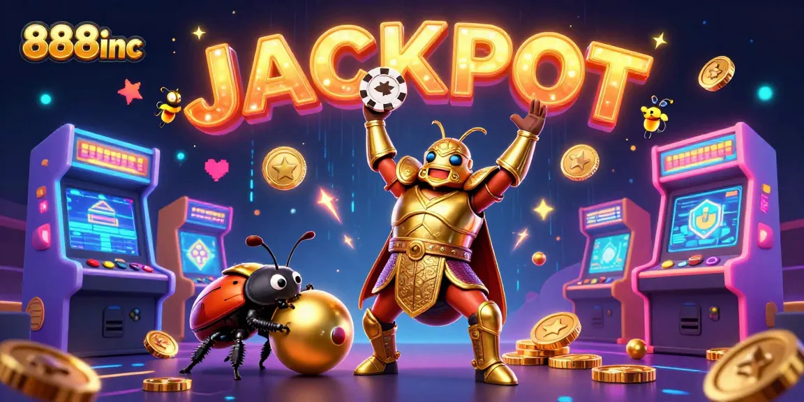 Engage with 888inc's vibrant casino winnings as a heroic beetle lifts the jackpot chip amidst a dazzling gaming scene.