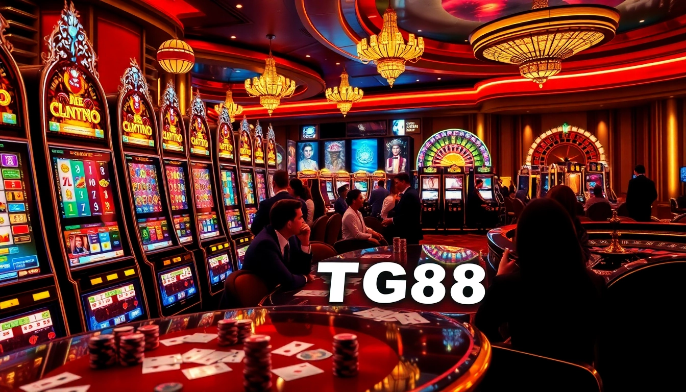 Gamblers engage with dynamic TG88-themed slot machines in a luxurious casino setting.