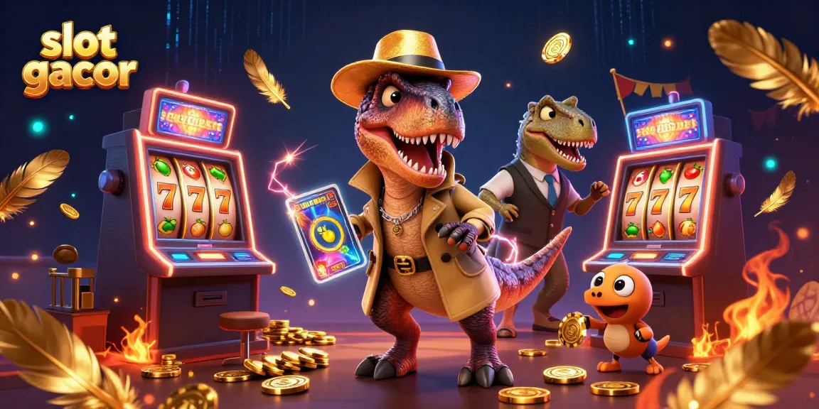 Play slots with a 3D velociraptor card counter and a stegosaurus pit boss in a rich casino scene featuring slot gacor elements.