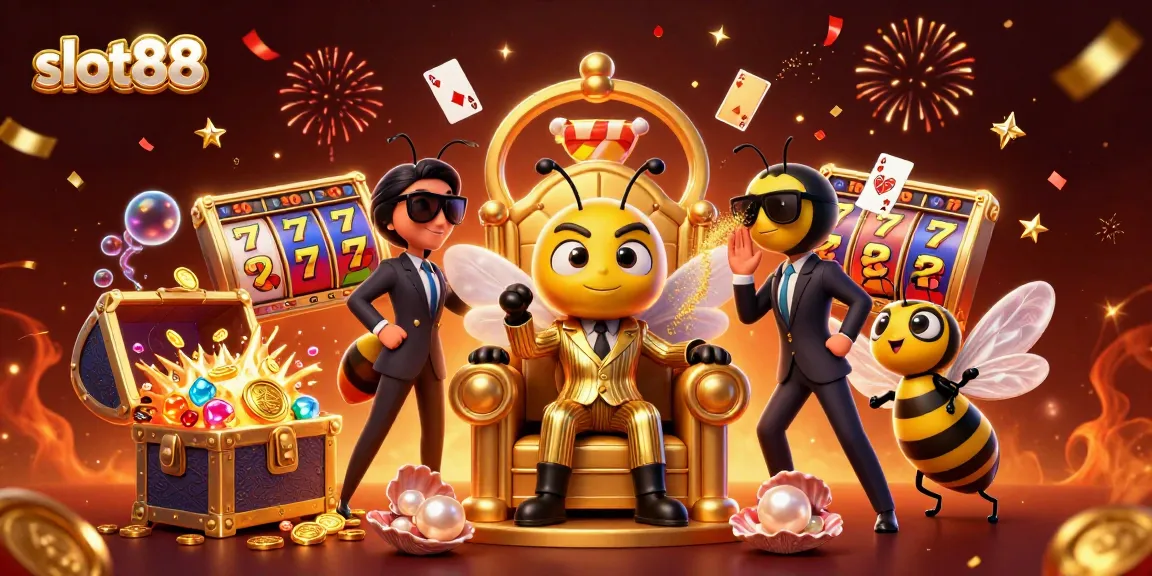 Main slot88 pengalaman menarik dengan mesin slot, peti harta karun, dan efek bintang yang berkilauan.