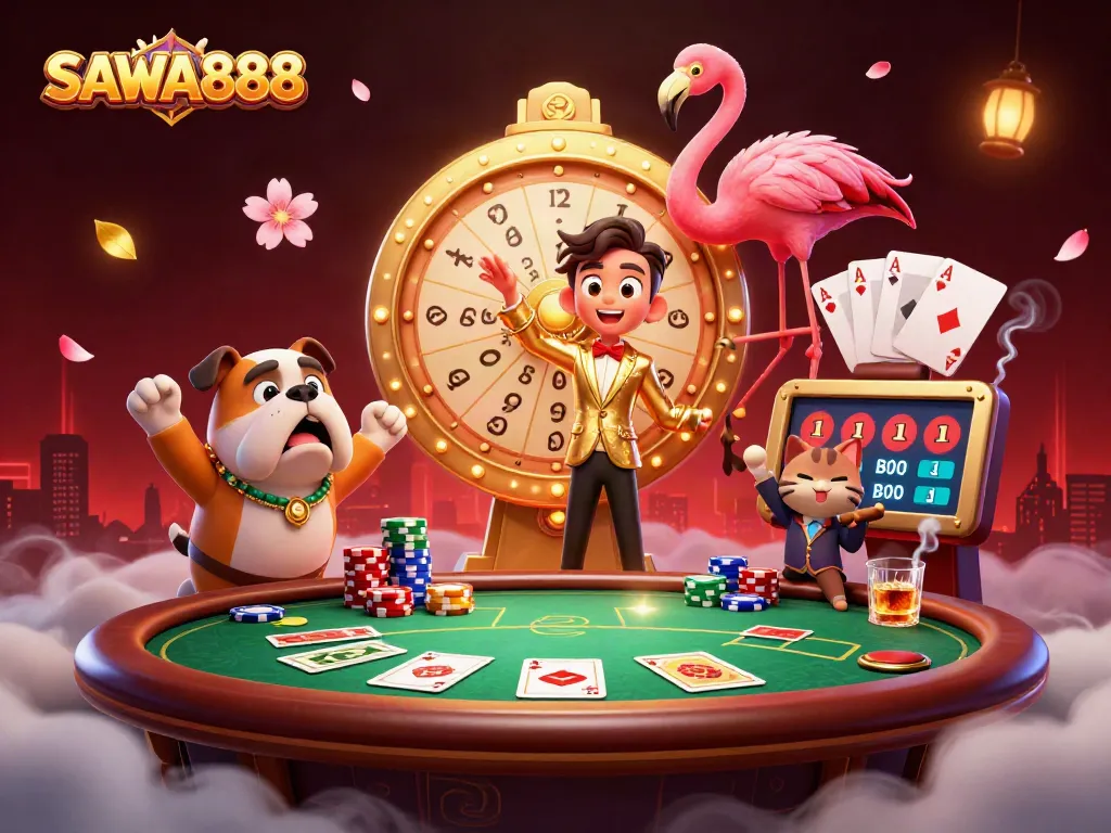 SAWA888 showcases an excited bulldog and flamingo spinning a prize wheel at a vibrant poker scene.