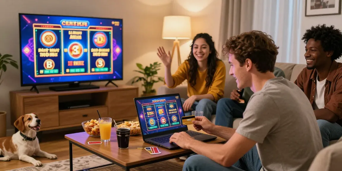 Friends enjoying online gaming together at home, featuring a joyful atmosphere with credit card use and exciting slot games, highlighting the engaging experience of dea.org.uk.