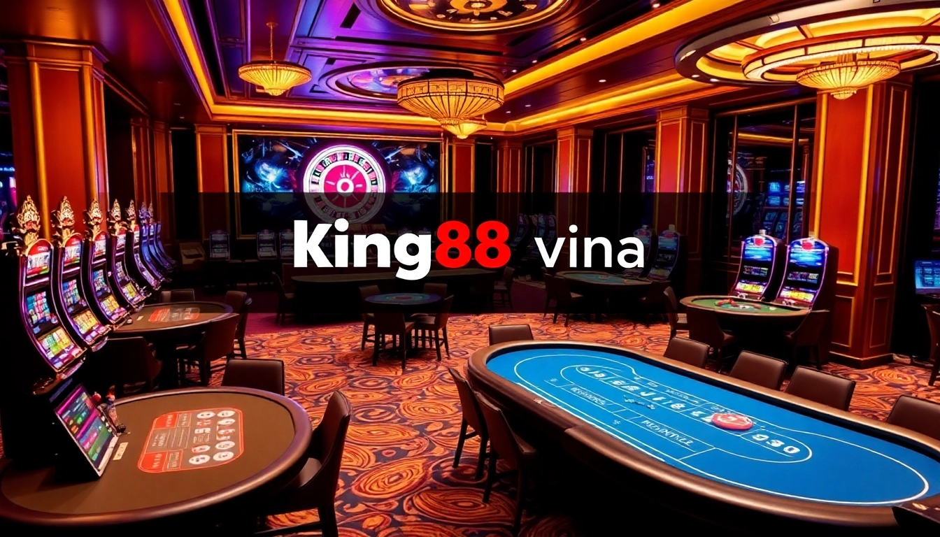 Engaging scene of king88 vina casino with poker tables, roulette wheel, and vibrant slot machines.