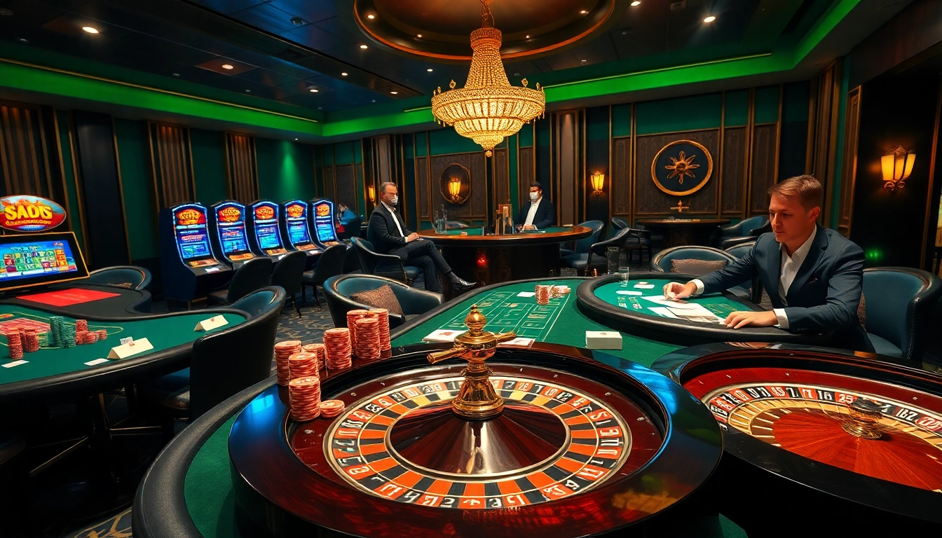 Experience the thrill of gambling at a luxury casino featuring tabet-inspired gaming tables and vibrant poker chips.