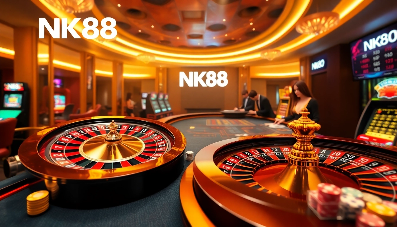 Exciting NK88 casino scene with players at the roulette table and vibrant game elements.