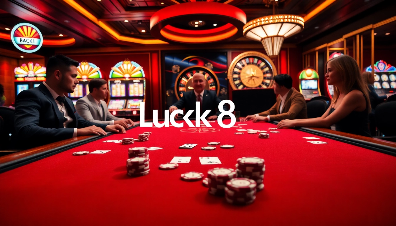 Exciting poker action at Luck8 casino with luxurious surroundings and engaged players.