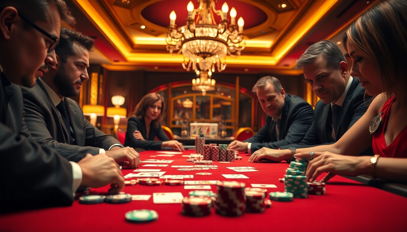 Engaging players engrossed in a high-stakes Poker Game with vibrant chips and dramatic setting.