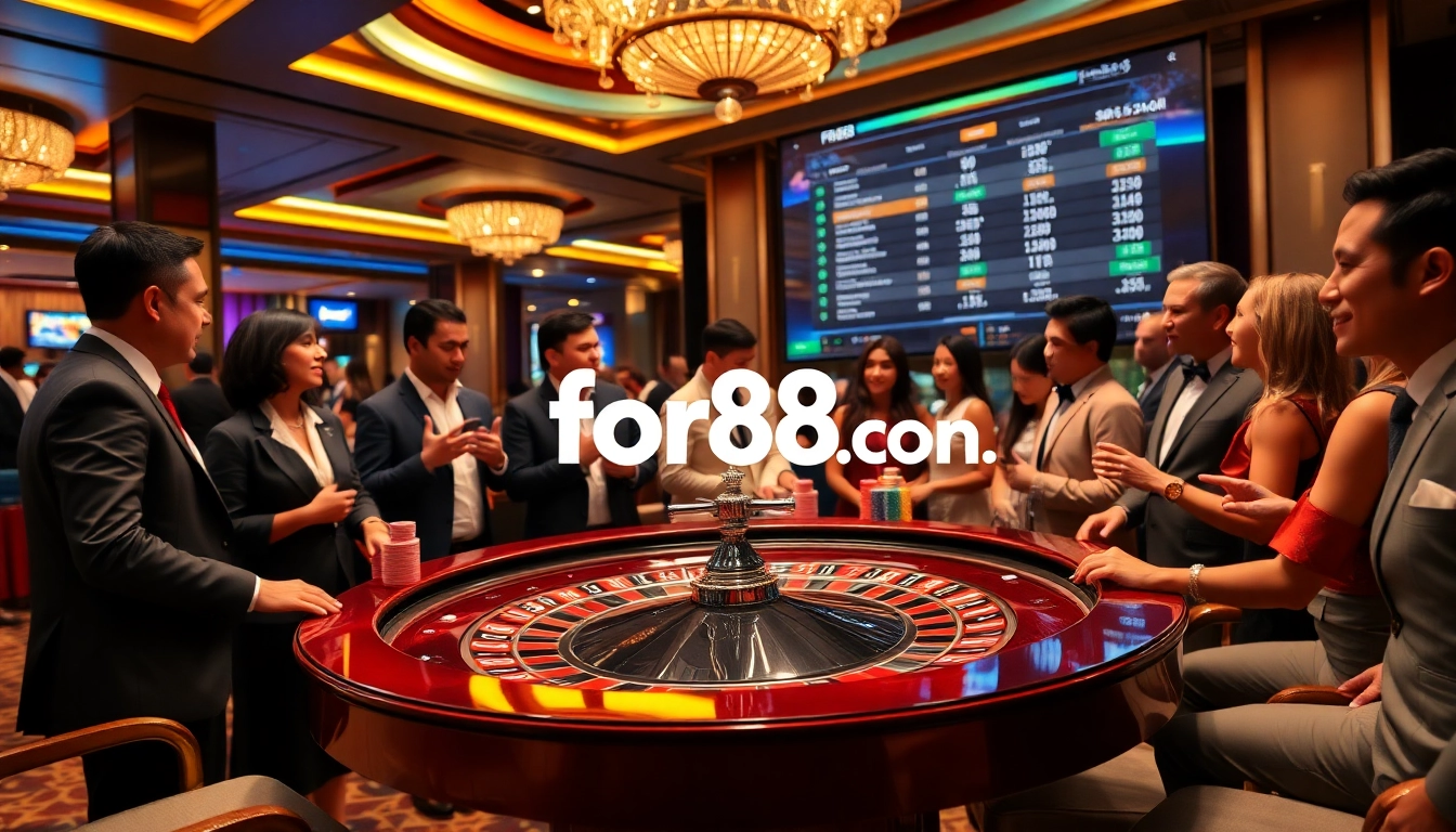 Gamblers enjoying a thrilling roulette game at for88. com casino table, capturing excitement and luxury.
