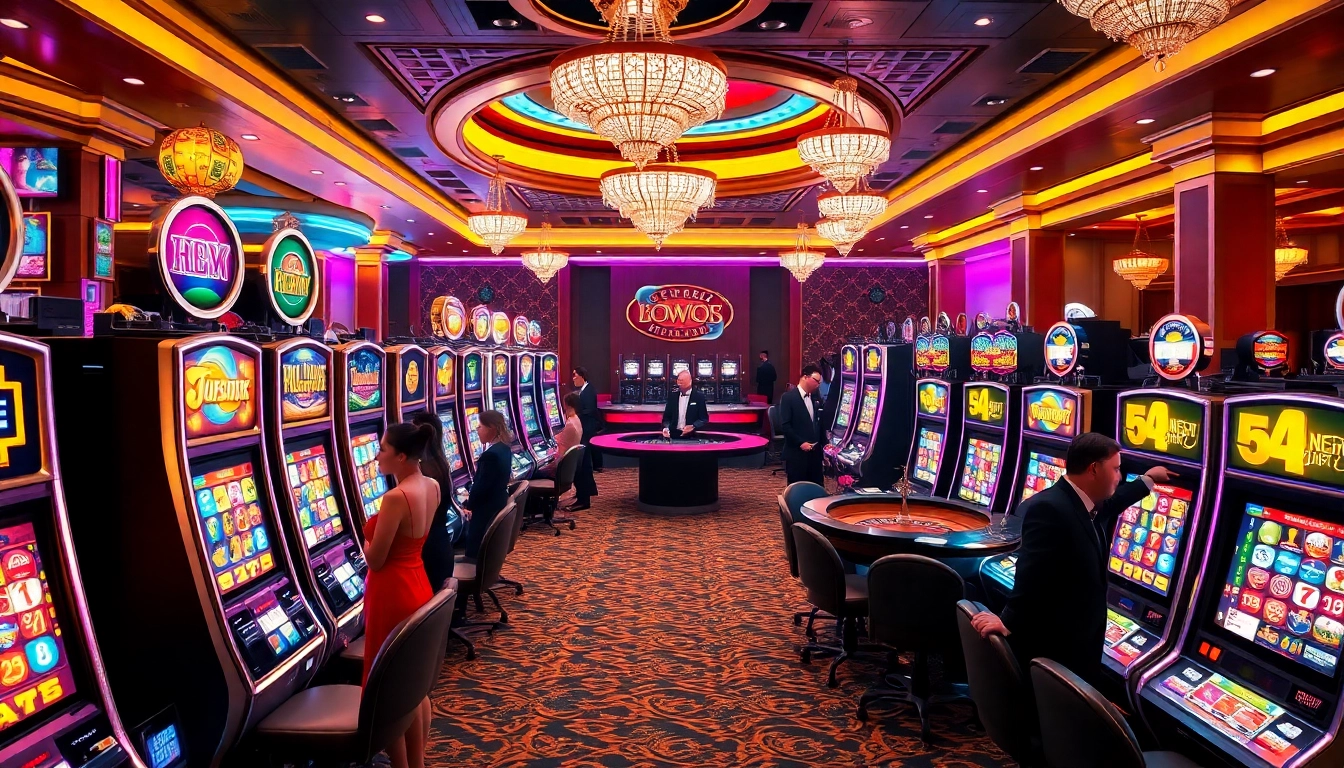 Players enjoying thrilling slot gacor machines in a luxurious casino setting, showcasing excitement and winning potential.