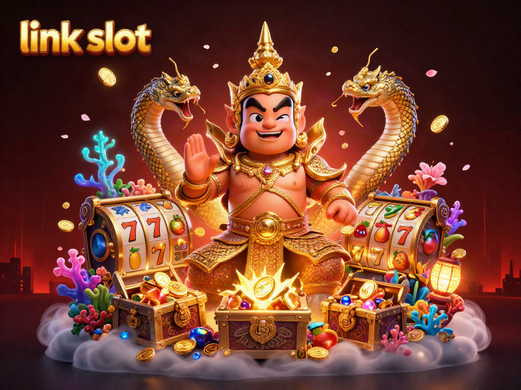 Engage with the thrilling link slot experience featuring dynamic slot reels and gold explosions.