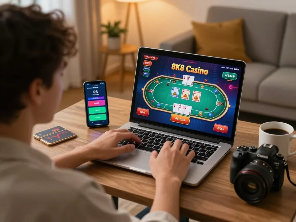 Experience thrilling online gameplay at https://8k8.fan/ on a laptop, showcasing a live casino card game in action.
