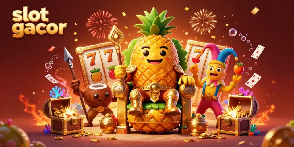 Engage in vibrant slot gacor excitement with a pineapple king and festive casino elements.