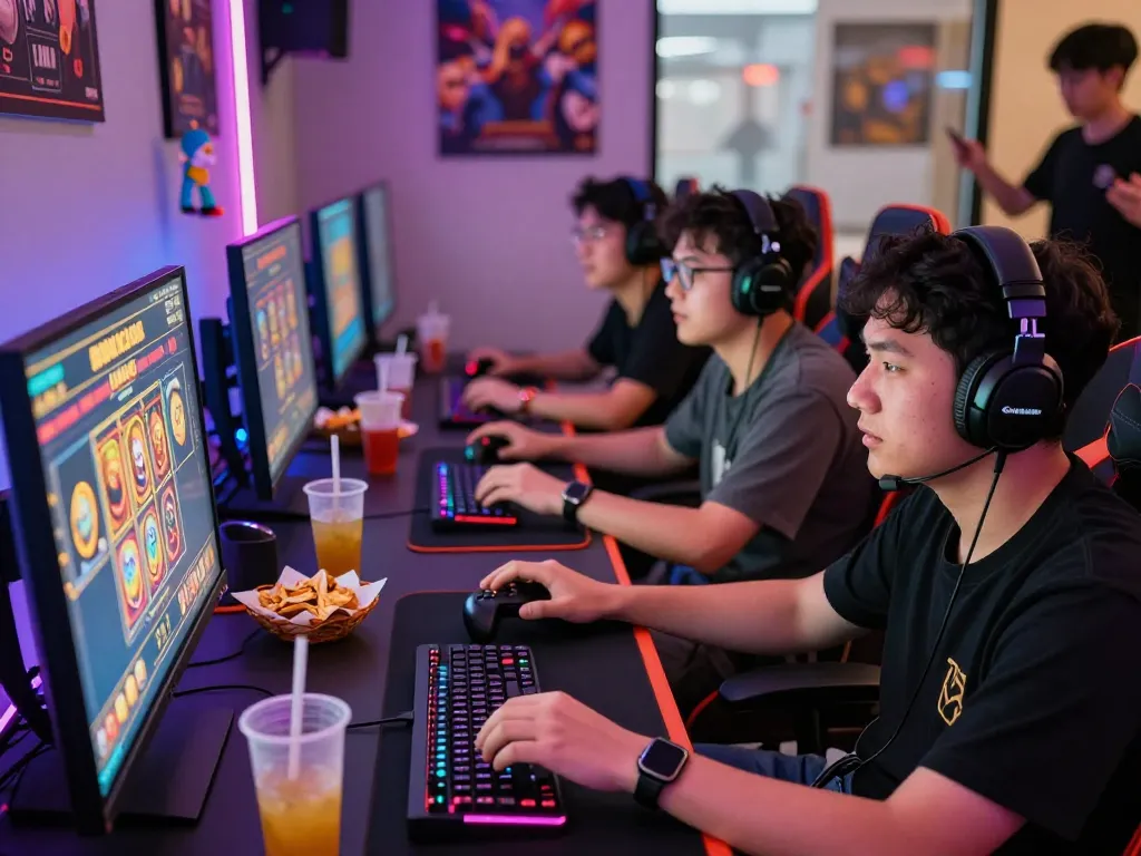 Teman-teman menikmati permainan slot gacor dalam setup permainan online yang berwarna-warni, menunjukkan kegembiraan dan keterlibatan.