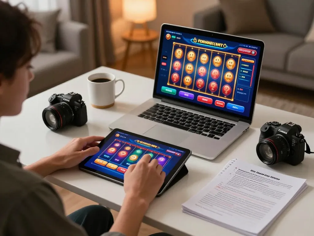 Playing non gamstop casino games on a tablet with an engaging slot interface in a cozy home setting.