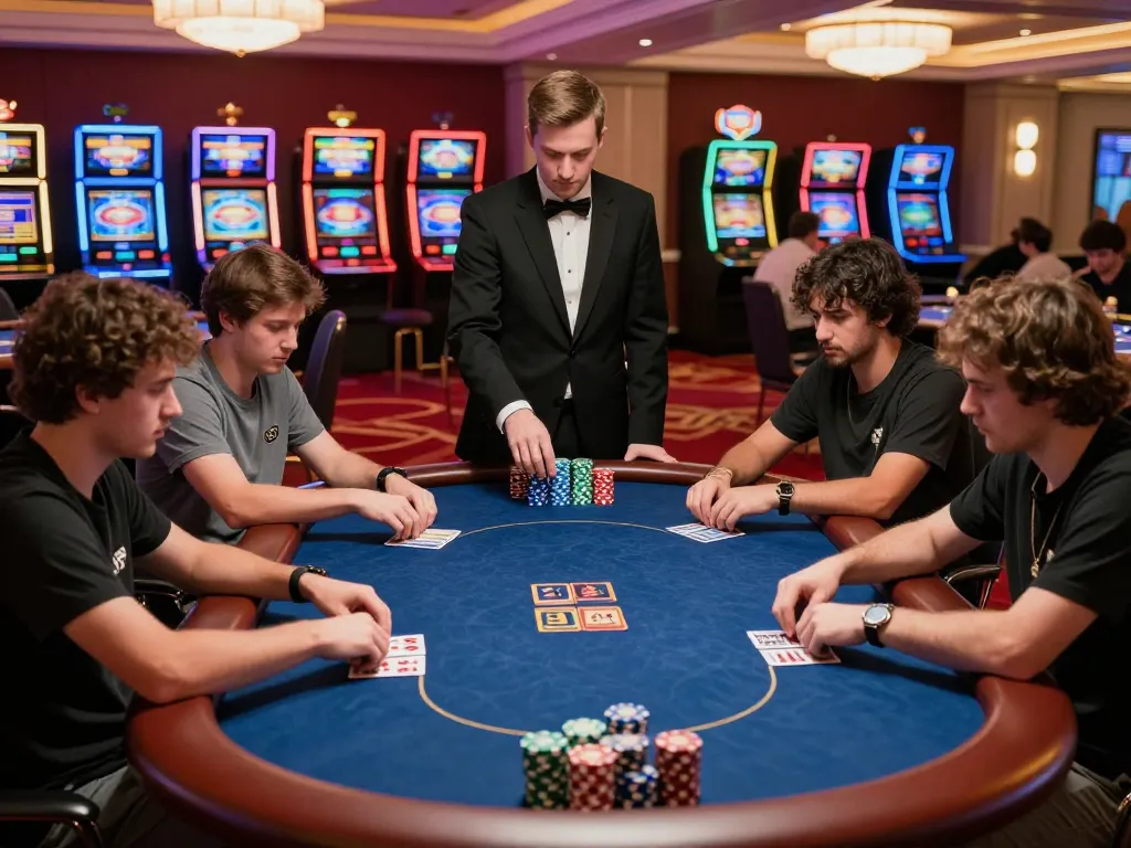 A thrilling poker game in progress at 777vip casino with players analyzing cards and chips.