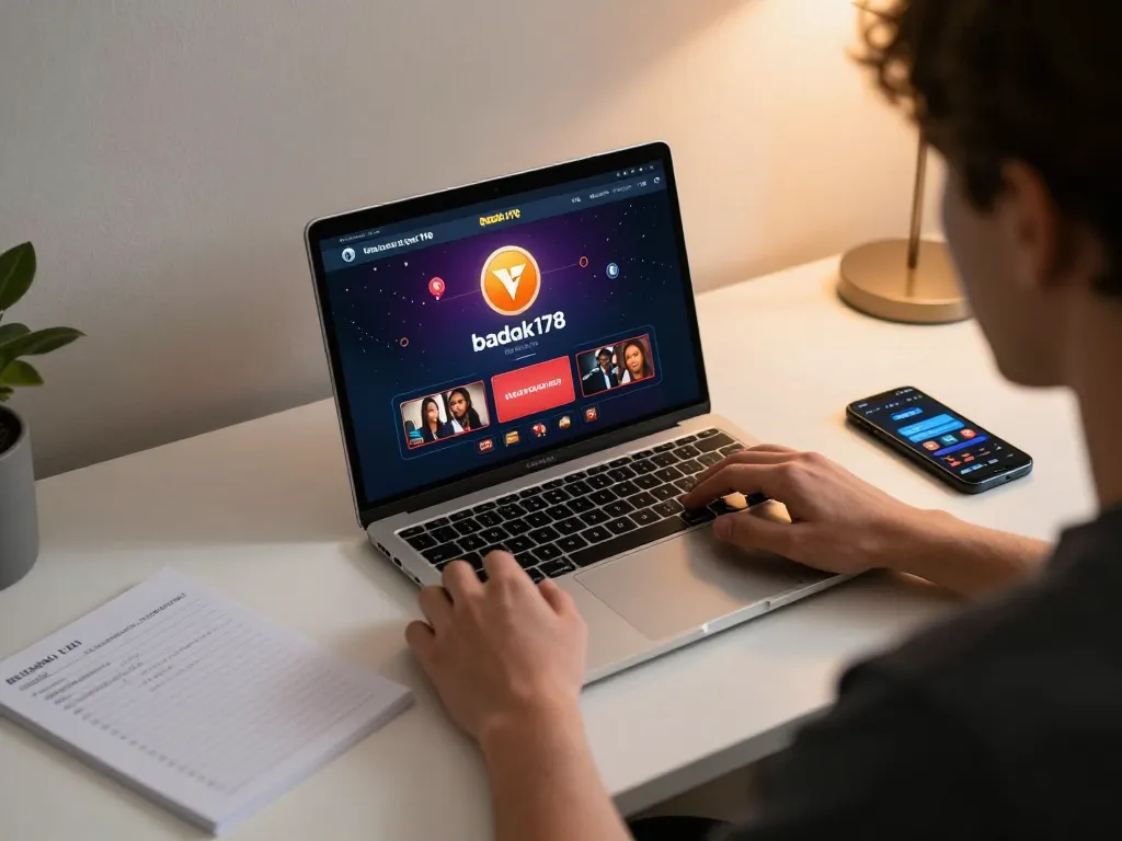 Engaging with the badak178 casino platform on a laptop, highlighting responsible gaming habits and home comfort