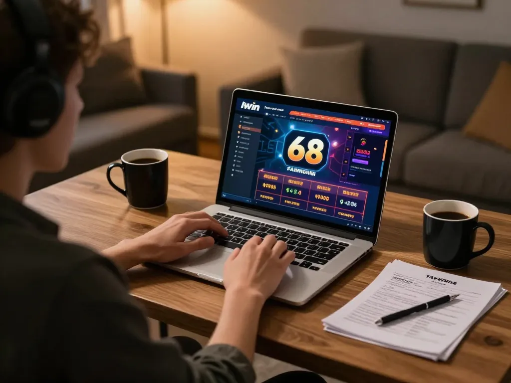 Engaging online gambling experience tại iwin 68 with laptop and betting notes.