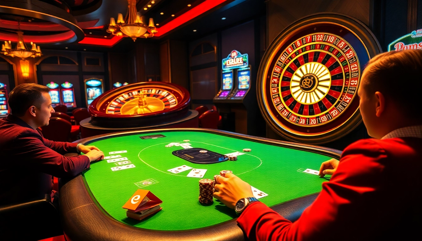 Experience the thrill of ee88e as players strategize at a luxurious poker table, surrounded by vibrant casino decorations.