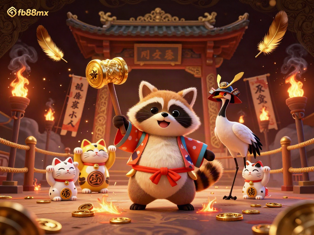 Engage with fb88mx through a vibrant casino atmosphere with cheerful tanuki and lucky symbols.