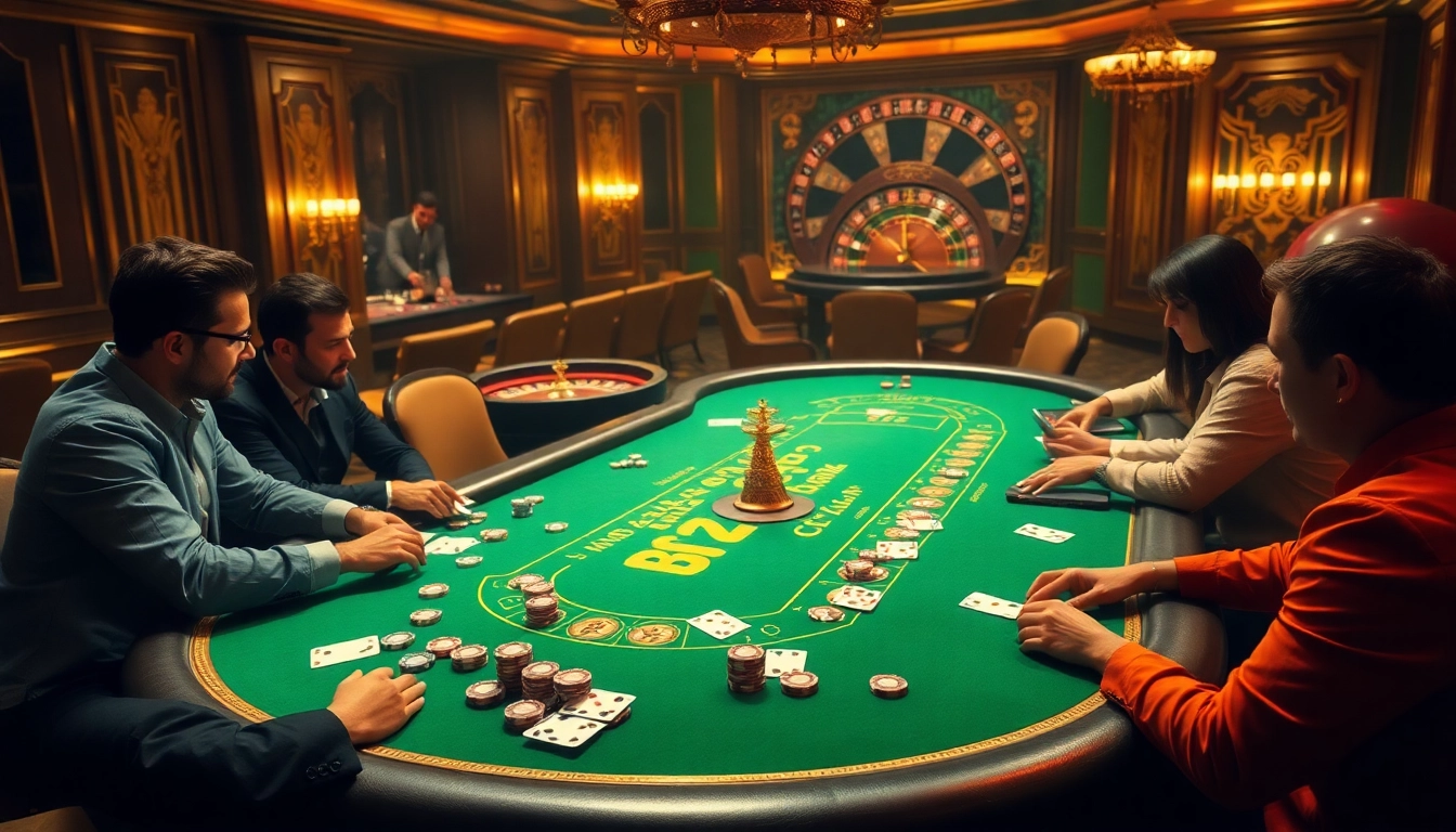 Exciting gaming action at B52club with poker players, vibrant table, and high-stakes atmosphere.